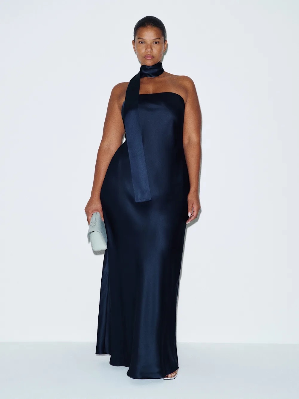 Reformation Strapless Navy Satin Evening Gown with Neck Scarf